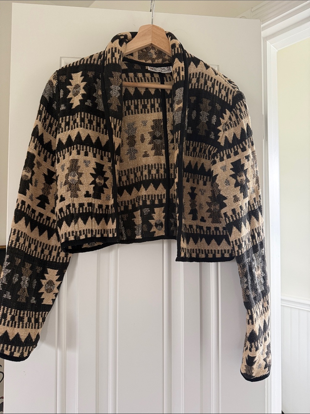 Vintage Tan and Black Aztec Open-Front Women's Blazer